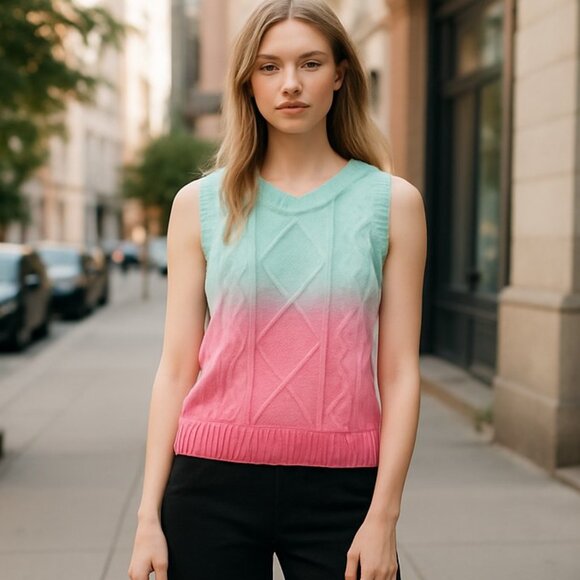 NWT 525 AMERICA Crystal Blue & Pink Color-Block Diamond-Knit Sweater Vest - Picture 1 of 7